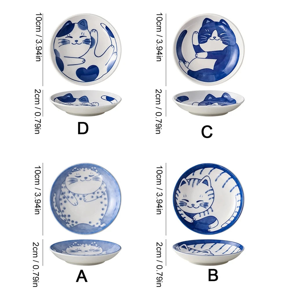 1/4pcs Ceramic Dessert Sauce Dish Tableware Japanese Style Creative Cartoon Lucky Cat Pattern Shape Fruit Sushi Plates