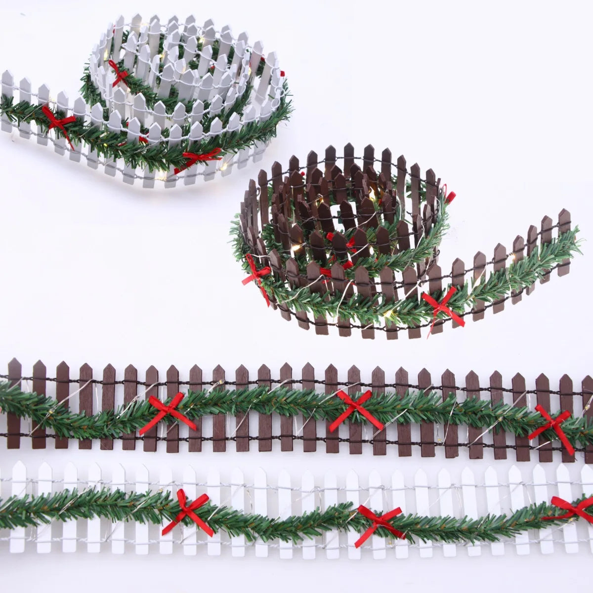 MicoLandscape Christmas Elf Fairy Garden Miniature Wooden Fence Handmade LED Light String Vine Landscape Greenery Evergreen Prop