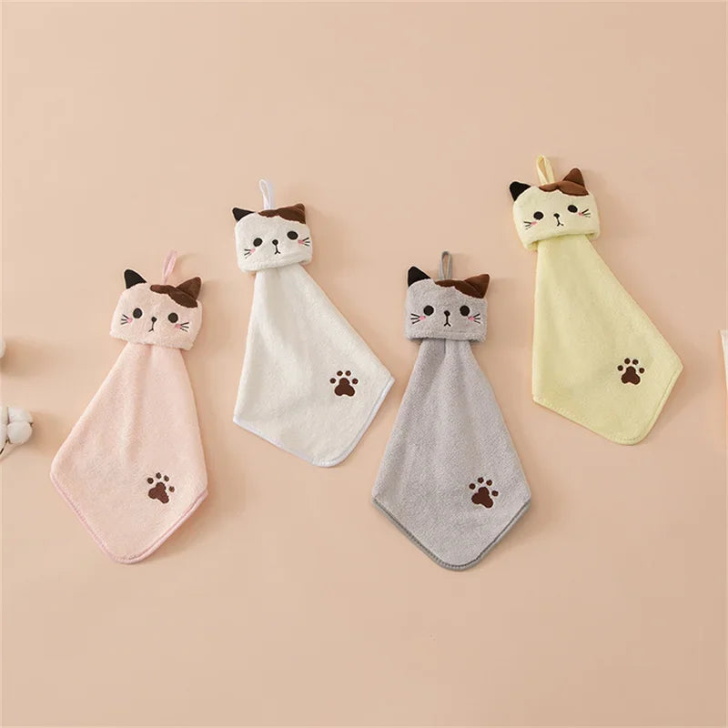 Cute cat kitchen cleaning towel coral velvet hand towel bathroom hanging absorbent dishcloth soft cleaning cloth rag