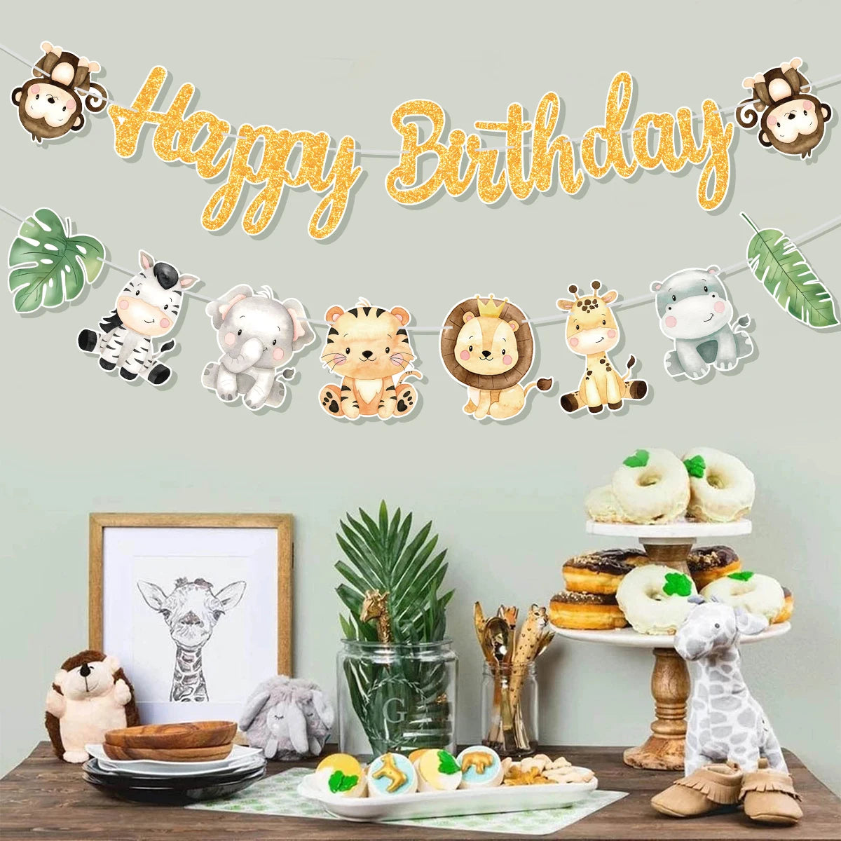 Animal Banner Jungle Safari Happy Birthday Party Decorations for Kids Wild One Birthday Decor Hangning Garland Party Supplies