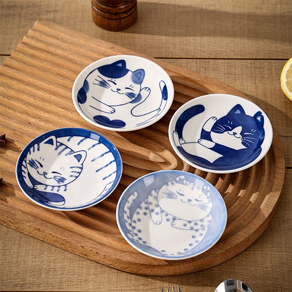 1/4pcs Ceramic Dessert Sauce Dish Tableware Japanese Style Creative Cartoon Lucky Cat Pattern Shape Fruit Sushi Plates