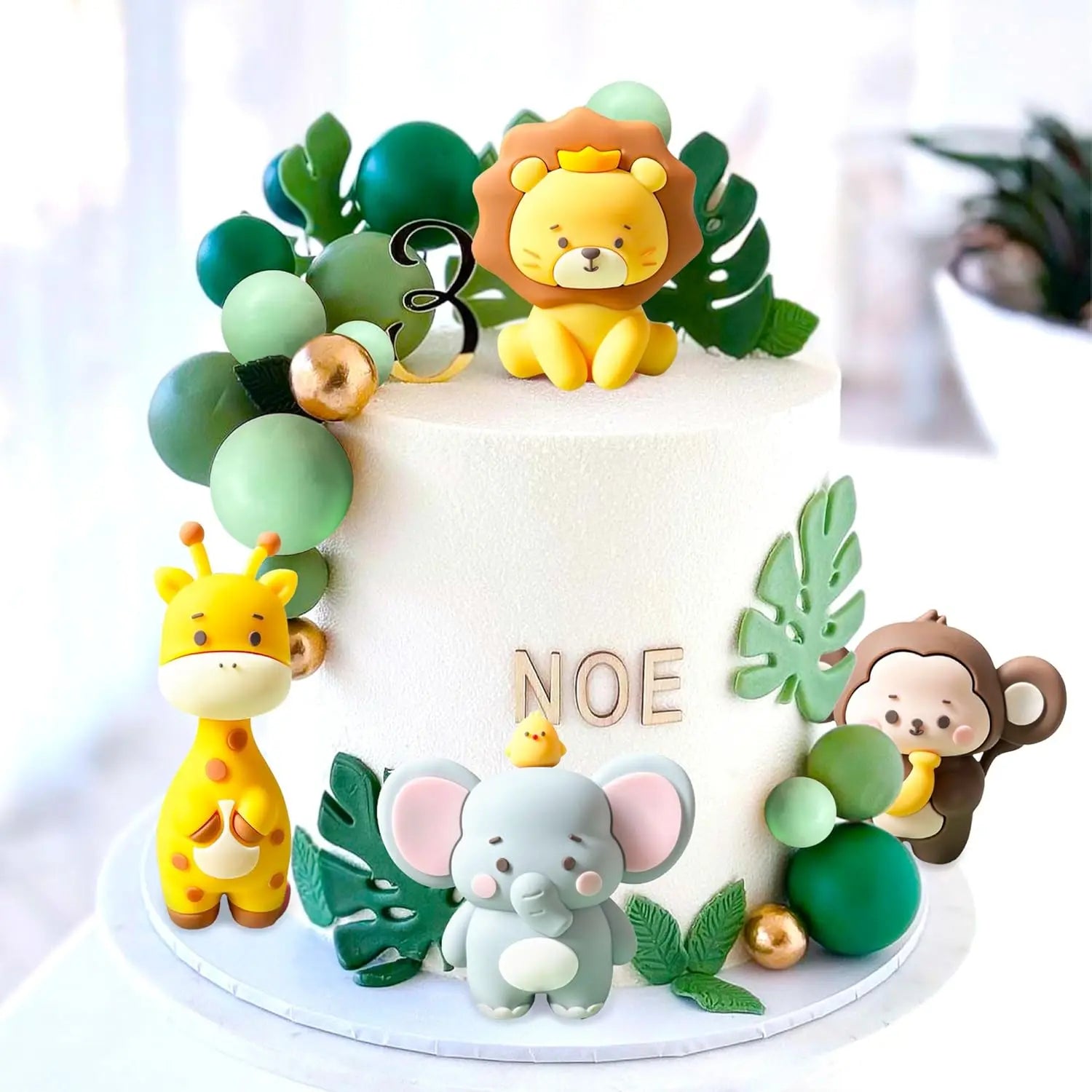 Cute Jungle Baby Shower Cake Decor Safari Animals Foam Ball Birthday Cake Decor Wild Giraffe Monkey Lion Elephant Cake Topper