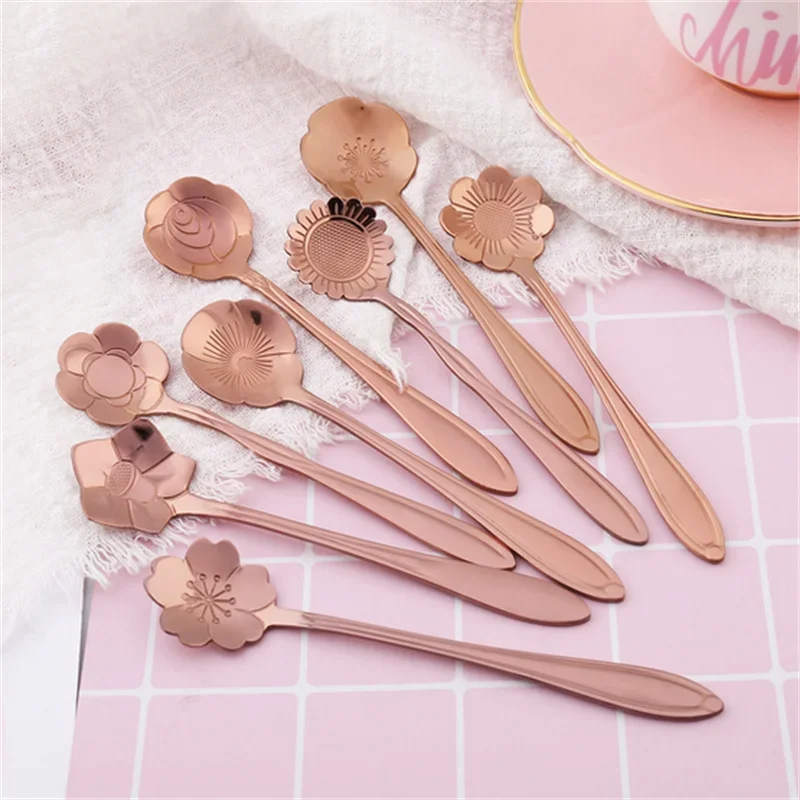 8pcs Stainless Steel Cherry Rose Flower Gold Scoop Coffee Spoon Gifts Kitchen Dessert Tea Accessories Tableware Decoration Set