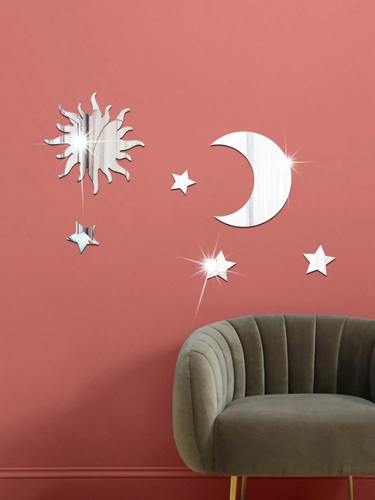 6PCS Star Moon Combination Mirror Acrylic Stereo Self Adhesive Diy Bedroom Living Room Can Be Removed Wall Stickers