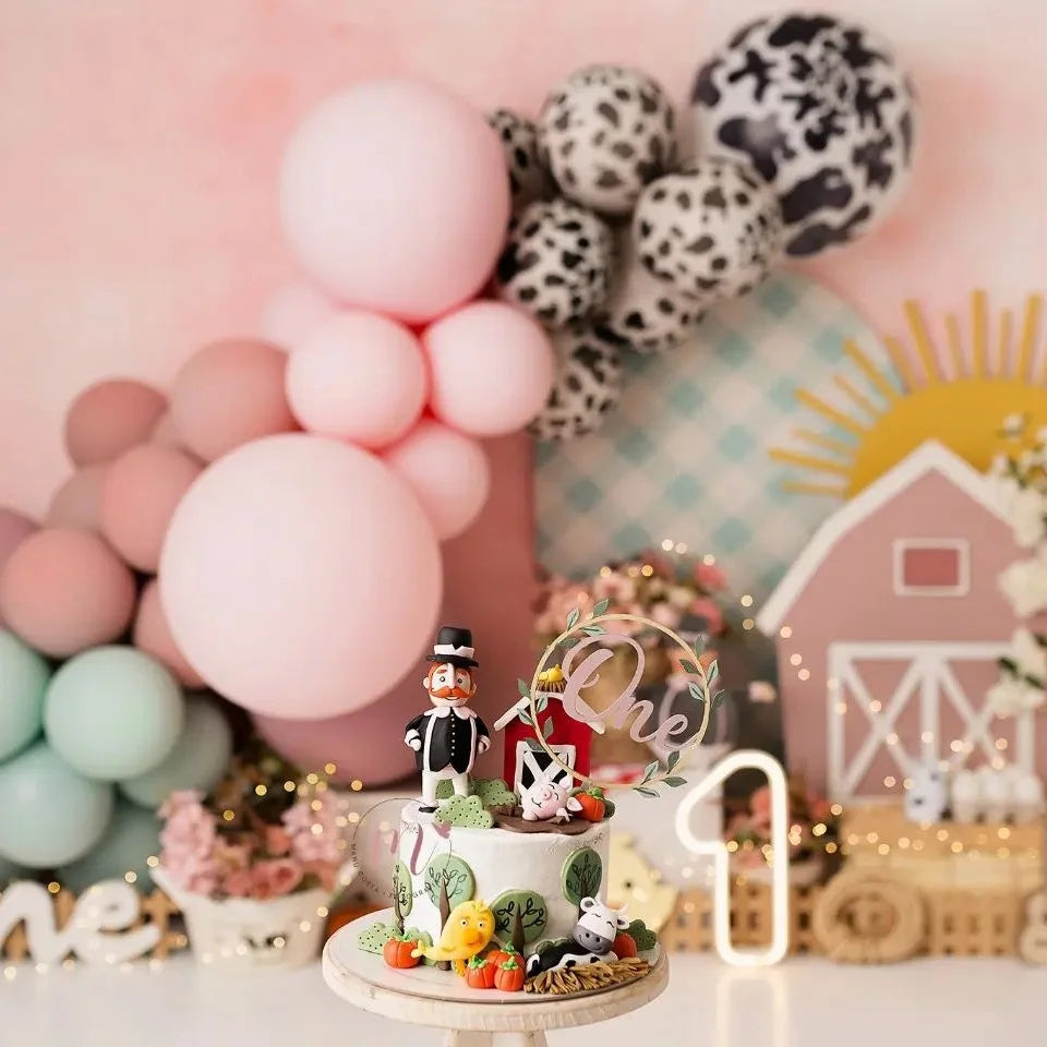 Carton Farm Animal Balloon Set with Pink Foil Number Balloon for Kids Farmland Animal Happy Birthday Party Decoration Supplies