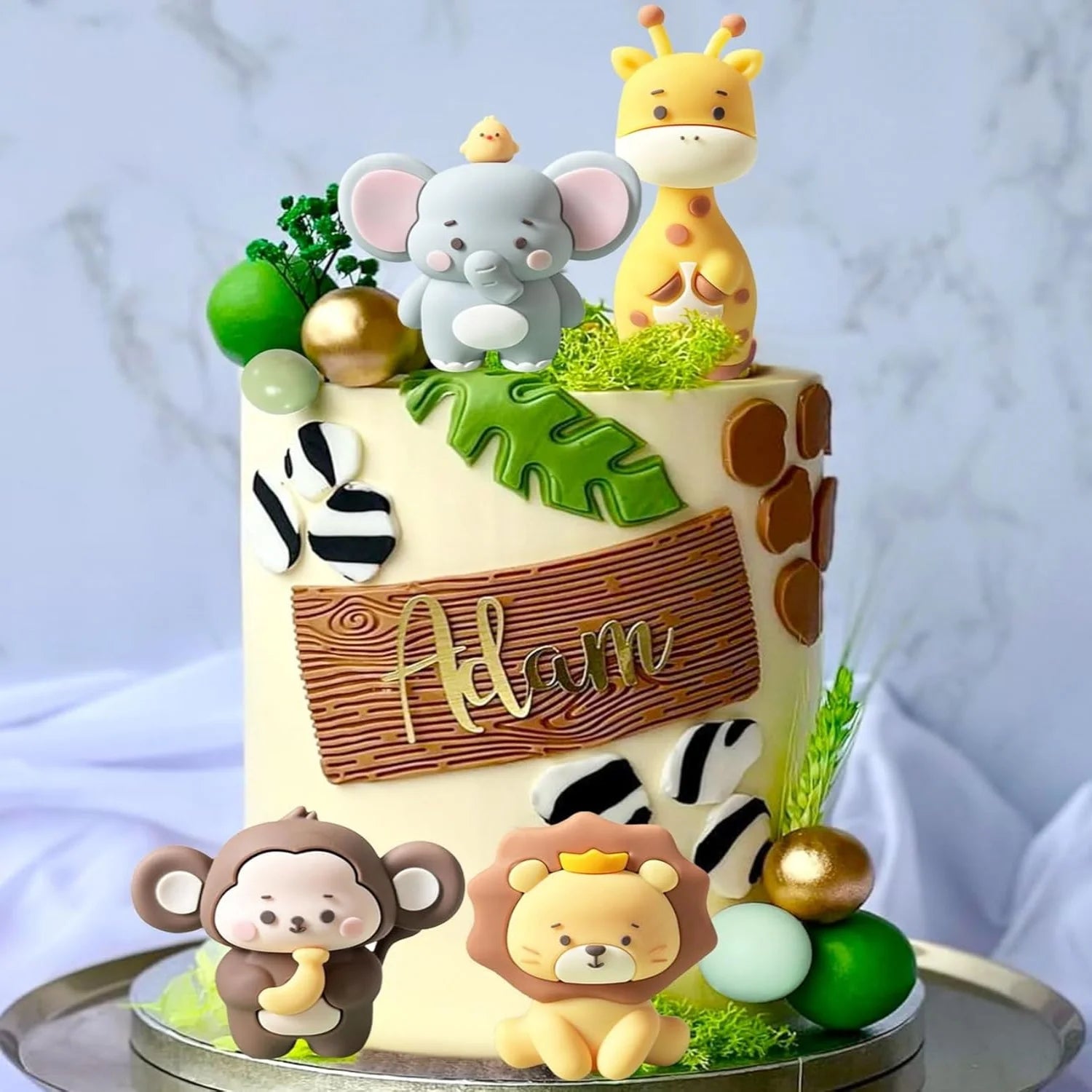 Cute Jungle Baby Shower Cake Decor Safari Animals Foam Ball Birthday Cake Decor Wild Giraffe Monkey Lion Elephant Cake Topper