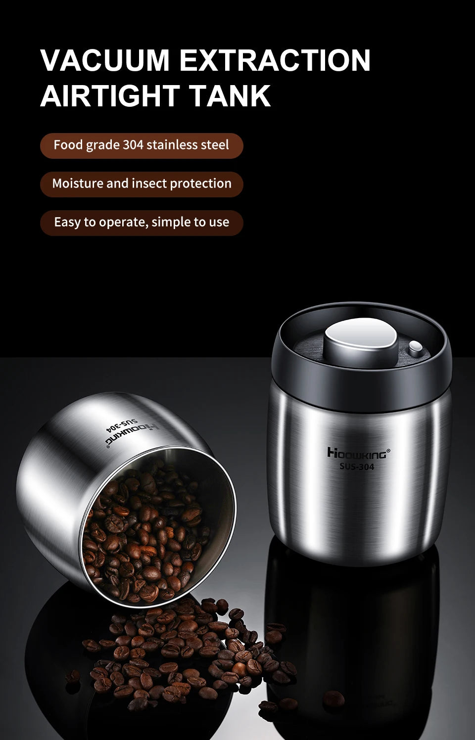 Vacuum sealed tank Coffee bean storage tank Household 304 stainless steel food storage Jars moisture-proof sealed container