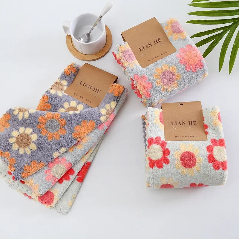 4Pcs Kitchen Cleaning Cloths Soft Absorbent Dishcloth Coral Fleece Sunflower Wiping Towel Rags Household Cleaning Cloth 30X30CM