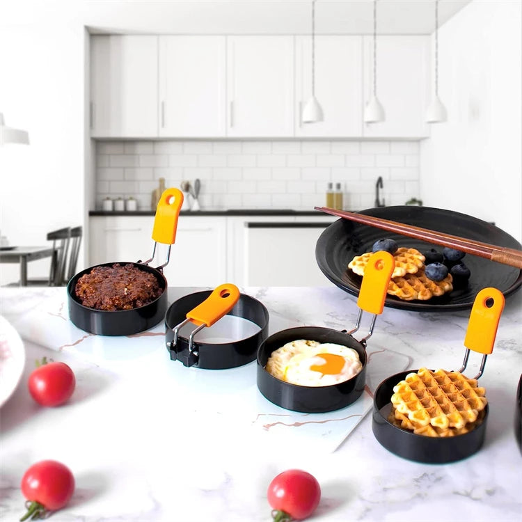 LMETJMA Egg Rings Pancake Mold Set Set Stainless Steel Fried Egg Ring Griddle Pancake Shapers with Silicone Handle JT195