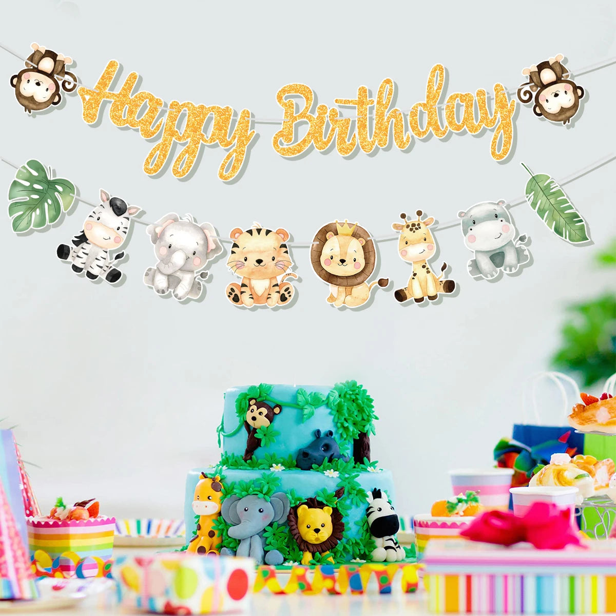 Animal Banner Jungle Safari Happy Birthday Party Decorations for Kids Wild One Birthday Decor Hangning Garland Party Supplies
