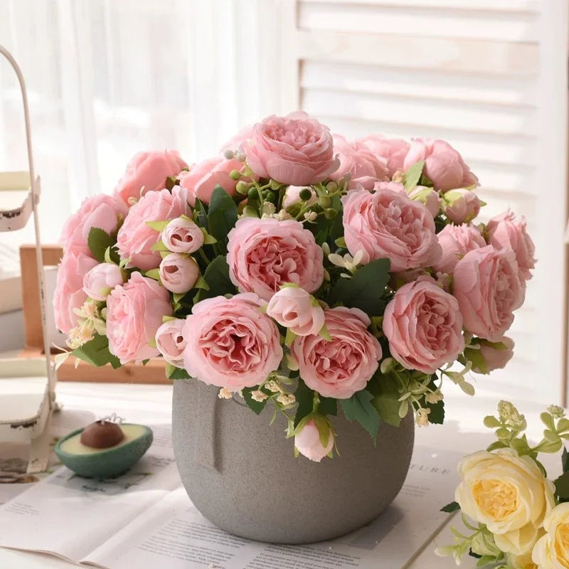 30cm Rose Pink Silk Bouquet Peony Artificial Flower 5 Big Head 4 Small Bud Bride Wedding Home Decoration Artificial Flower