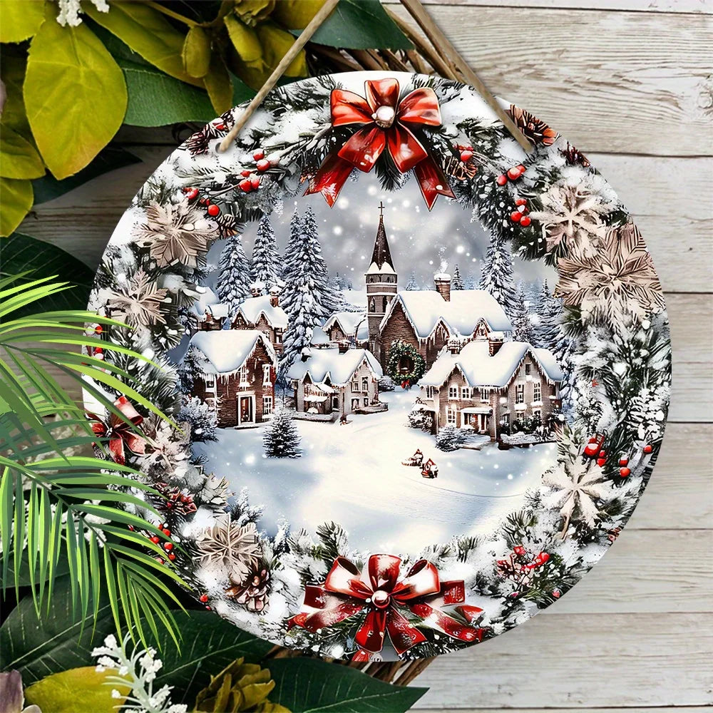 2D Flat, Winter Christmas Wooden Sign Relief Effect of Ice and Snow Town Christmas Wreath Sign for Front Door Wall Hanging Decor