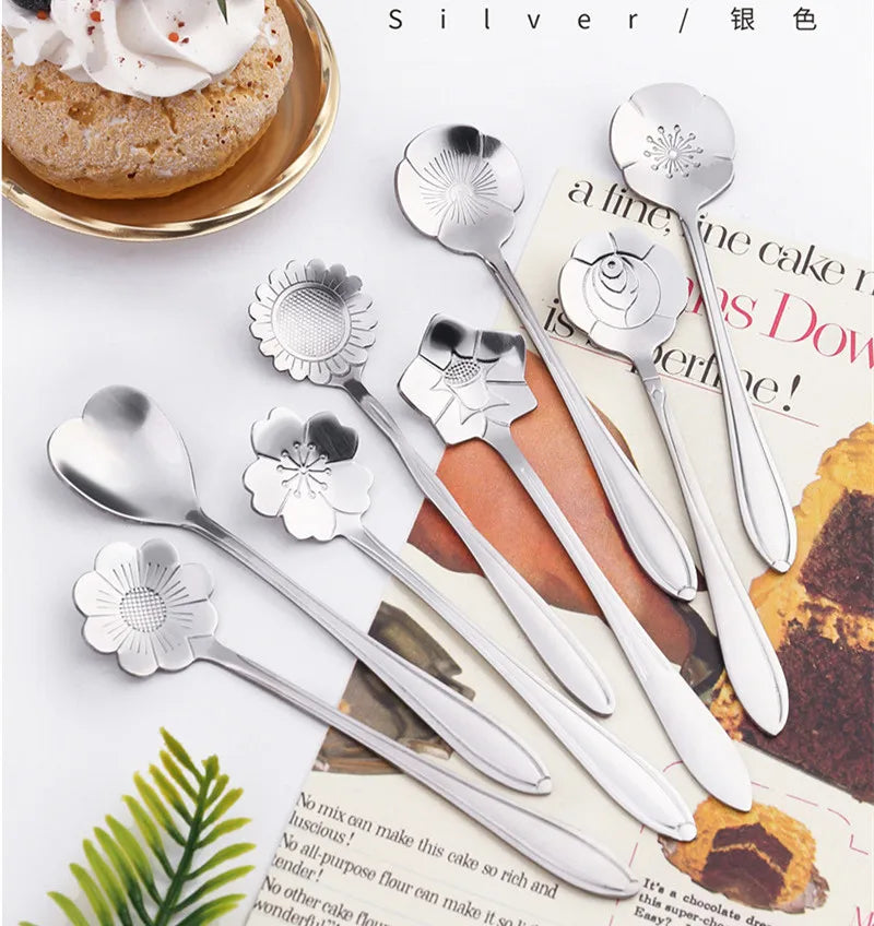 8pcs Stainless Steel Cherry Rose Flower Gold Scoop Coffee Spoon Gifts Kitchen Dessert Tea Accessories Tableware Decoration Set
