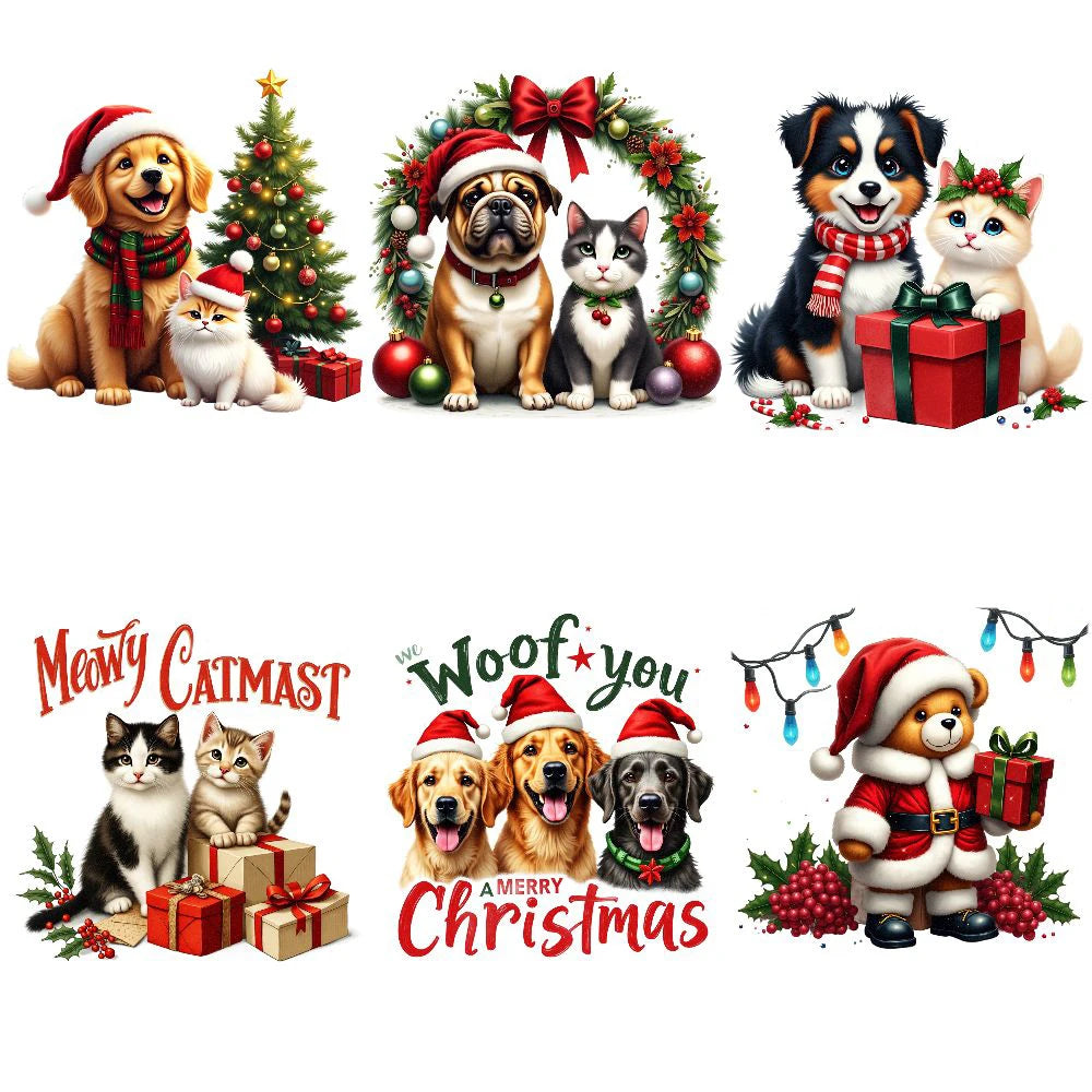6-Piece Set Christmas Cute Pet Dog & Cat Holiday-Themed Heat-Transfer Vinyl Pattern Decals, Suitable for T-Shirts, Jeans, Jacket