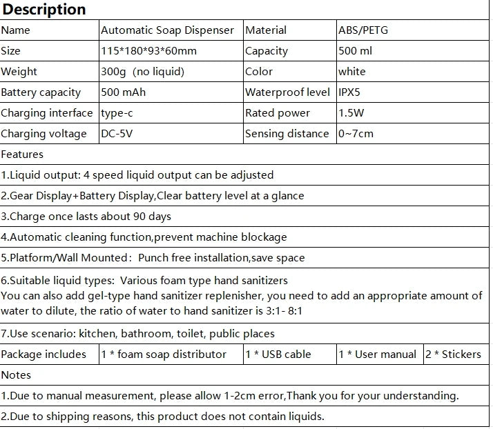 New Wall Mounted Automatic Soap Dispenser Foam Smart Hand Washing Machine 500ml Liquid Rechargeable Bathroom Induction Sensor