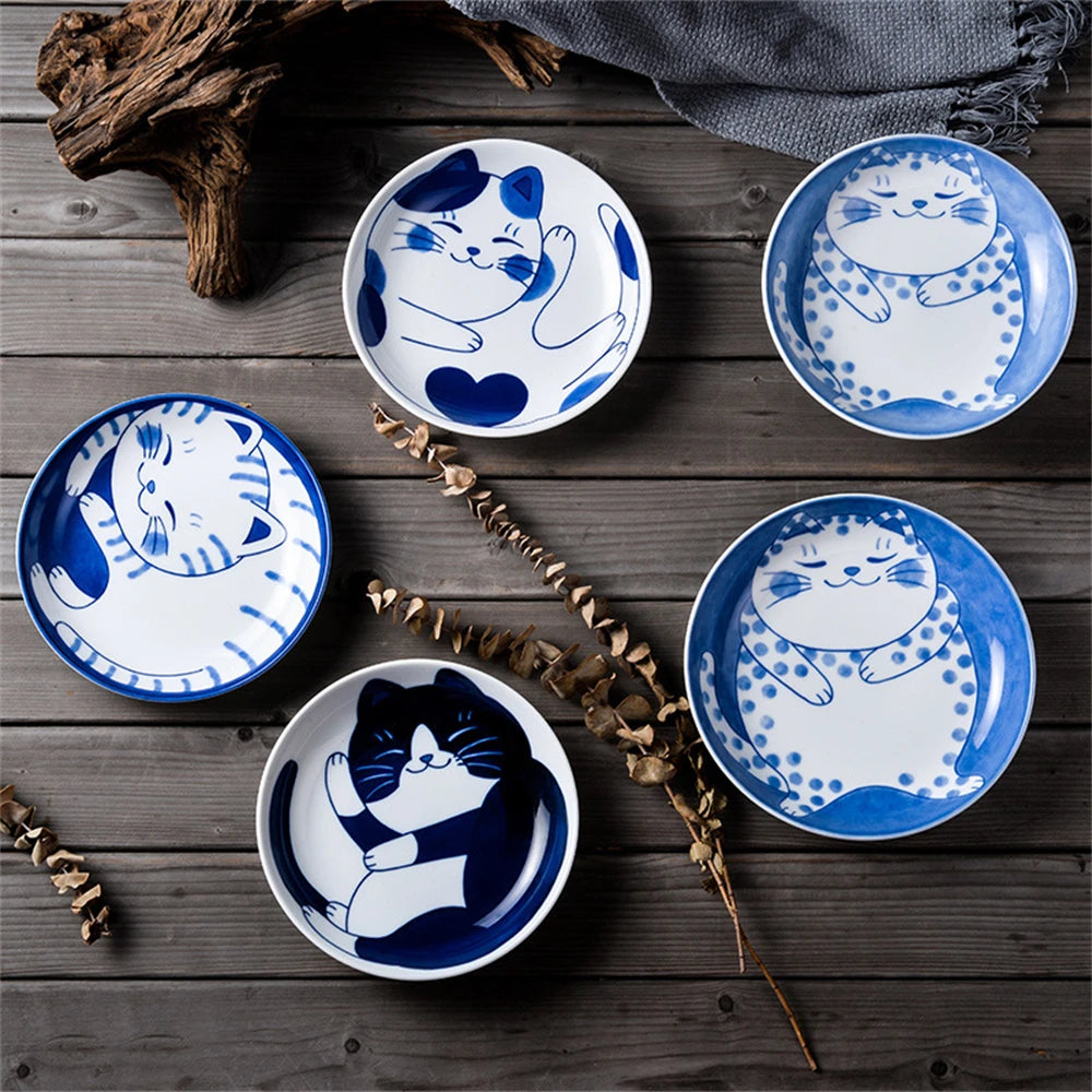 1/4pcs Ceramic Dessert Sauce Dish Tableware Japanese Style Creative Cartoon Lucky Cat Pattern Shape Fruit Sushi Plates