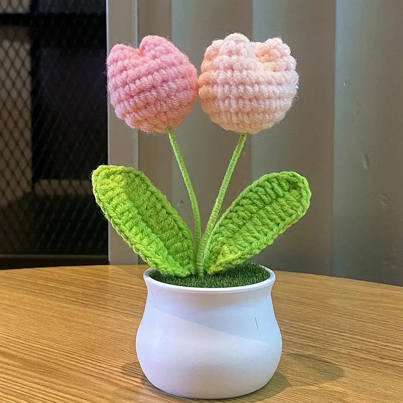 DIY Handwoven Mini Potted Flower Rose Office Desktop Ornamental Potted Plants Woolen Thread Finished Product Home Decoration