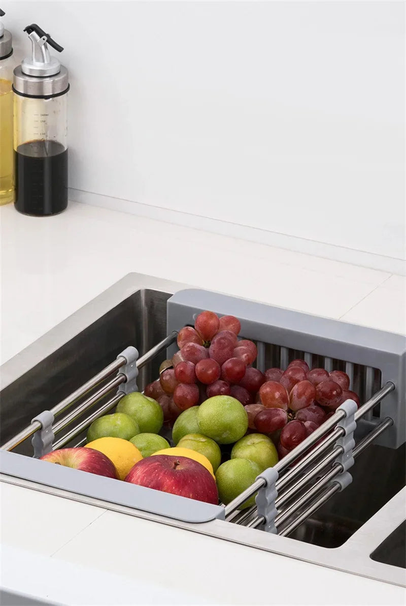Kitchen Sink Drain Rack Stainless Steel Extendable Dish Drying Rack Drain basket Fruit Vegetable Washing Drainer Storage rack