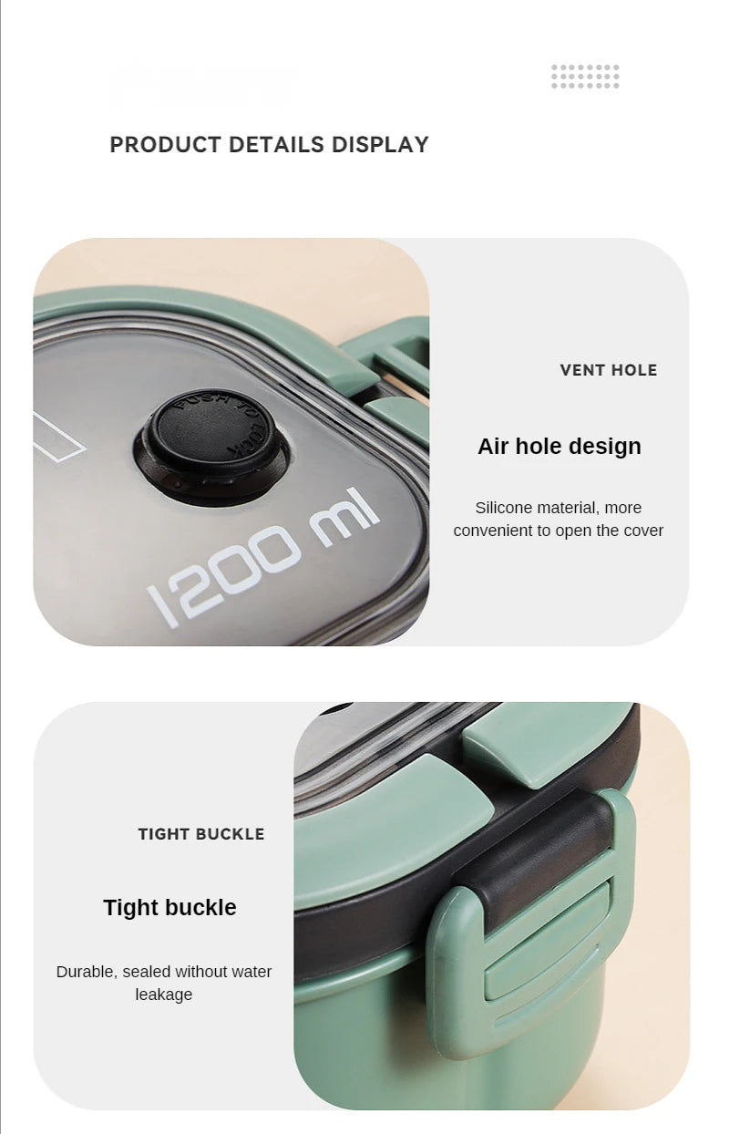 1200ML 2 Layer Bento Lunch Box With Spoon Fork, Kid High Capacity Microwae Food Containers Portable Leakproof Office Camping