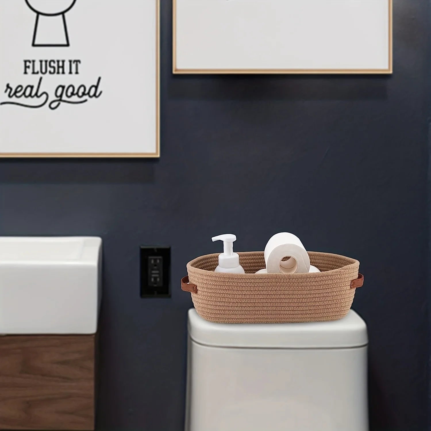 Oval Woven Bathroom Storage Basket, Multifunctional Desktop Organizer, Toilet Paper Holder, Toy Storage Basket