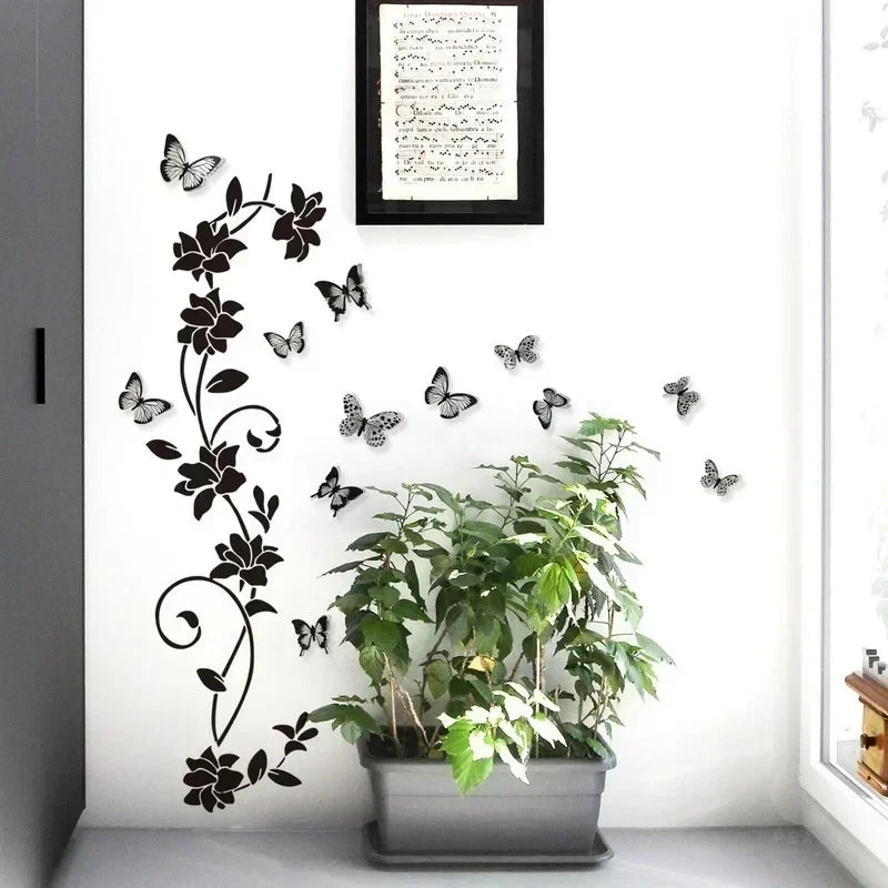 Black Flower Vine 3D Butterfly Wall Sticker Background Wall Bedroom Room Decoration Removable Wall Sticker