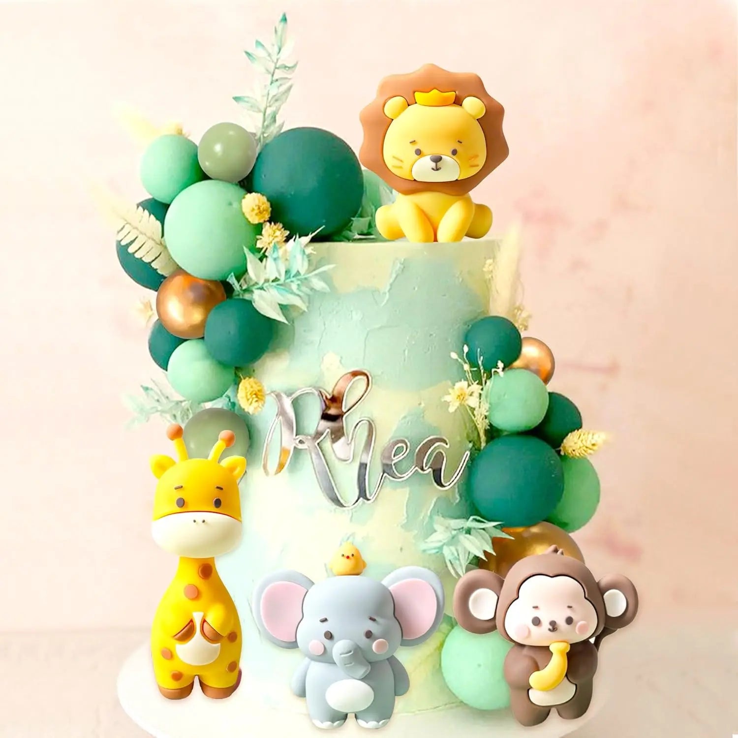 Cute Jungle Baby Shower Cake Decor Safari Animals Foam Ball Birthday Cake Decor Wild Giraffe Monkey Lion Elephant Cake Topper