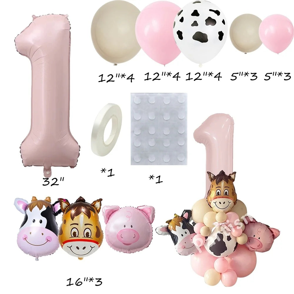 Carton Farm Animal Balloon Set with Pink Foil Number Balloon for Kids Farmland Animal Happy Birthday Party Decoration Supplies
