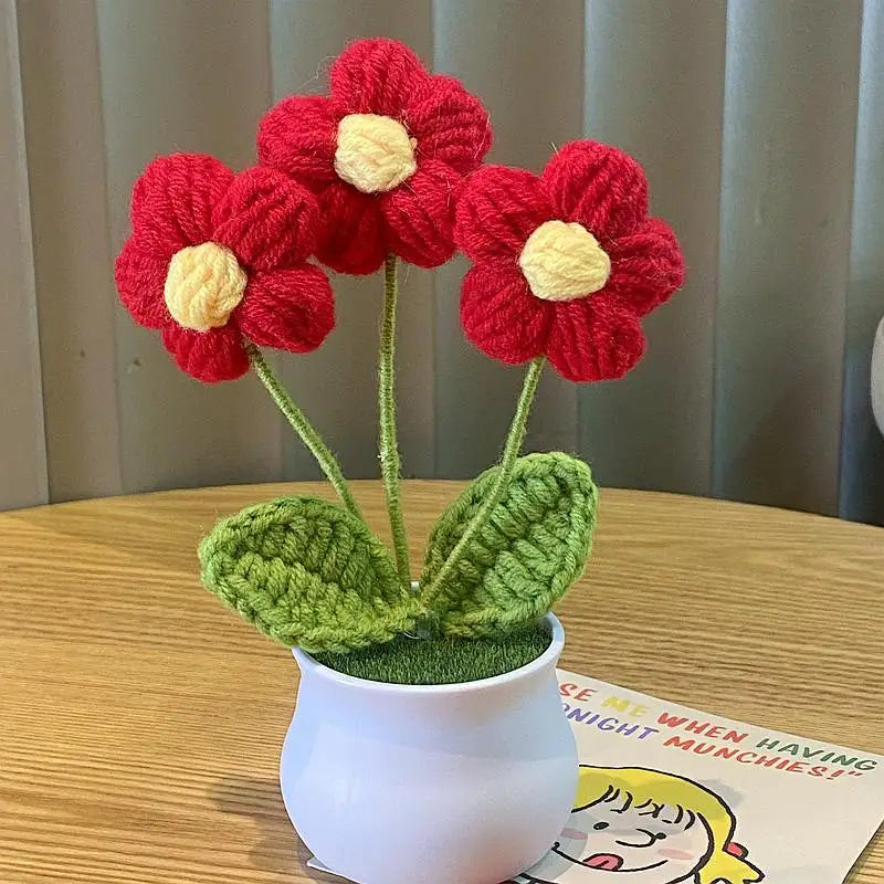 DIY Handwoven Mini Potted Flower Rose Office Desktop Ornamental Potted Plants Woolen Thread Finished Product Home Decoration