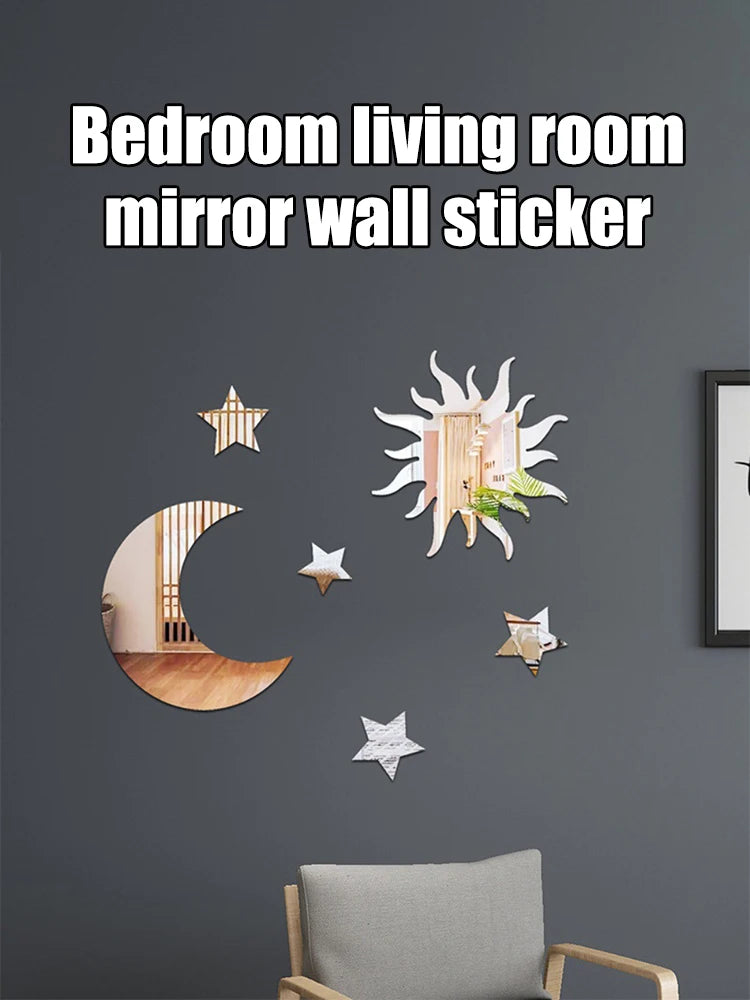 6PCS Star Moon Combination Mirror Acrylic Stereo Self Adhesive Diy Bedroom Living Room Can Be Removed Wall Stickers