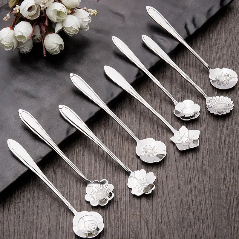 8pcs Stainless Steel Cherry Rose Flower Gold Scoop Coffee Spoon Gifts Kitchen Dessert Tea Accessories Tableware Decoration Set