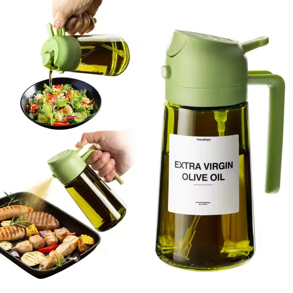 16oz/470ML Light-Blocking Dark Oil Sprayer for Cooking 2 in 1 Olive Oil Dispenser Bottle for Kitchen Dark Green Glass Oil Bottle