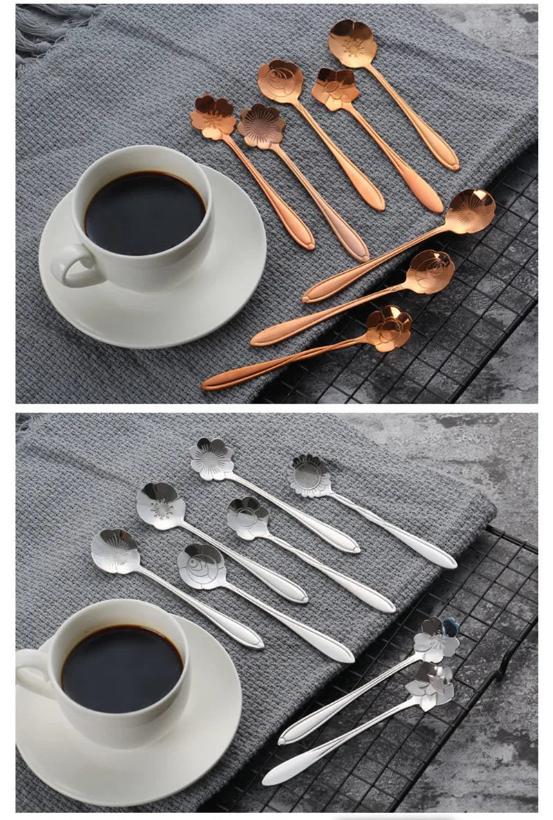 8pcs Stainless Steel Cherry Rose Flower Gold Scoop Coffee Spoon Gifts Kitchen Dessert Tea Accessories Tableware Decoration Set