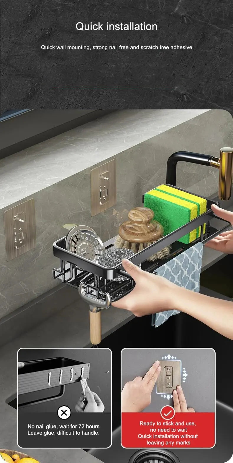 1pc Kitchen Aluminium Sink Drain Rack Shelf Basket Organizer Kitchen Accessories Sponge Storage Faucet Holder Soap Drainer