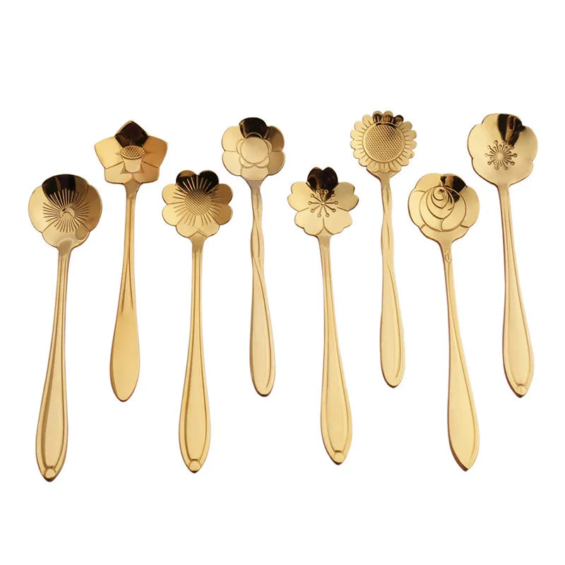 8pcs Stainless Steel Cherry Rose Flower Gold Scoop Coffee Spoon Gifts Kitchen Dessert Tea Accessories Tableware Decoration Set
