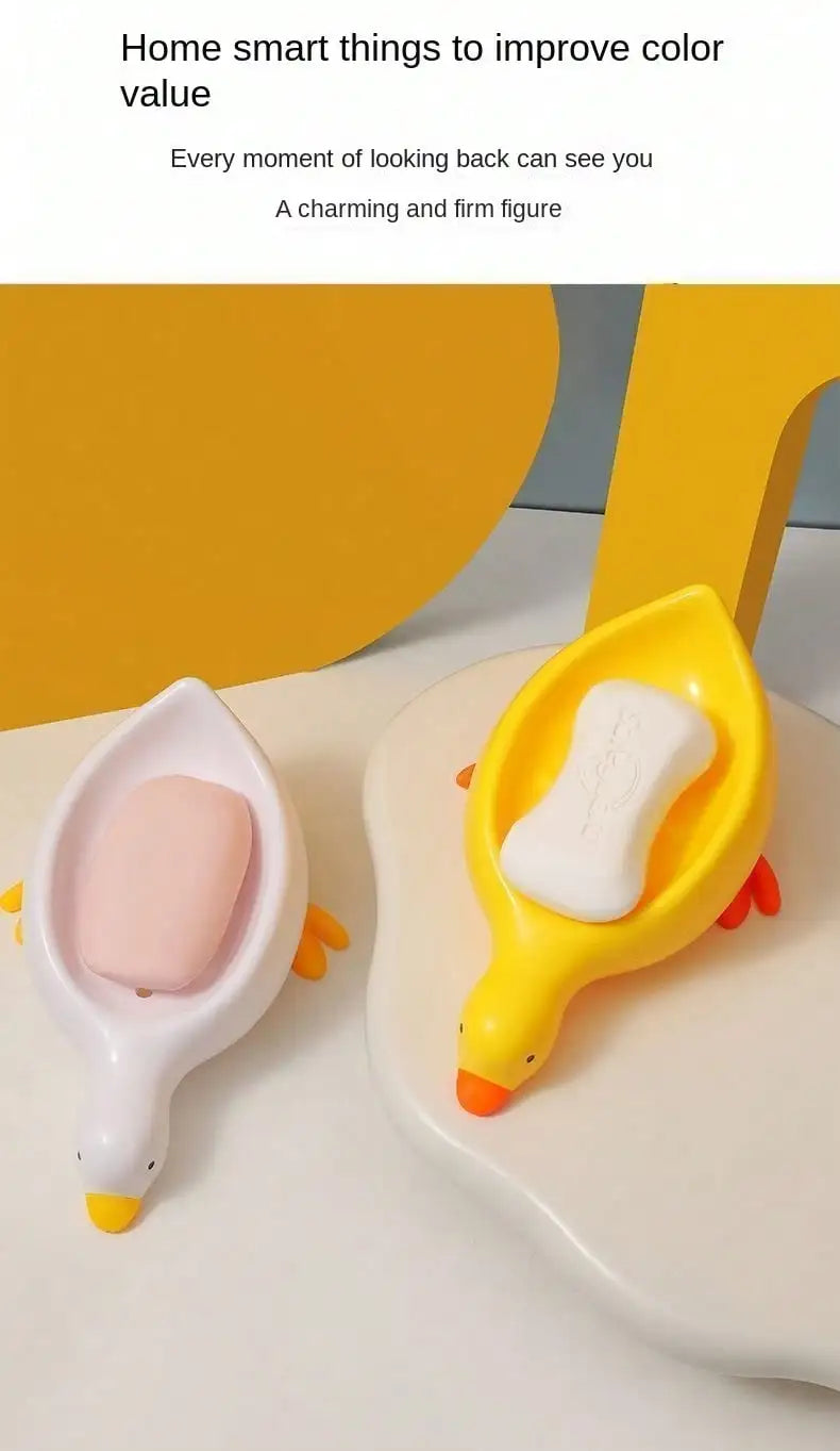1Pc White Duck-Shaped Soap Rack, Plastic Material, Suitable for Kitchen and Bathroom Countertop Storage Box, Non-Slip Drain Soap Dish Container Bathroom Accessories