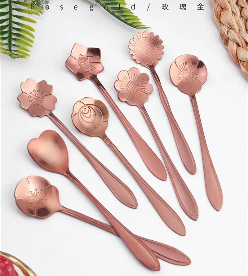 8pcs Stainless Steel Cherry Rose Flower Gold Scoop Coffee Spoon Gifts Kitchen Dessert Tea Accessories Tableware Decoration Set