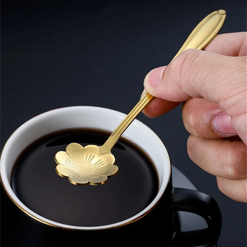 8pcs Stainless Steel Cherry Rose Flower Gold Scoop Coffee Spoon Gifts Kitchen Dessert Tea Accessories Tableware Decoration Set