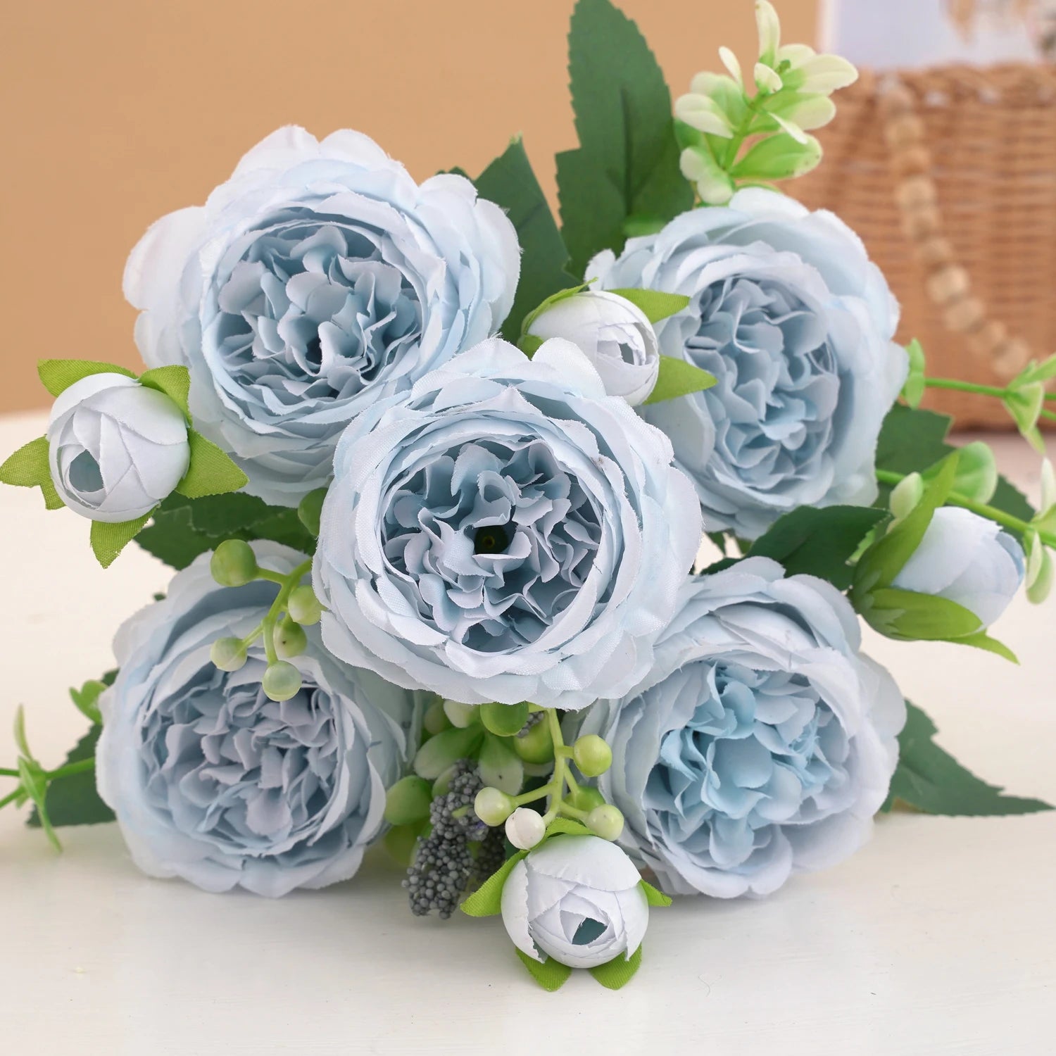 30cm Rose Pink Silk Bouquet Peony Artificial Flower 5 Big Head 4 Small Bud Bride Wedding Home Decoration Artificial Flower