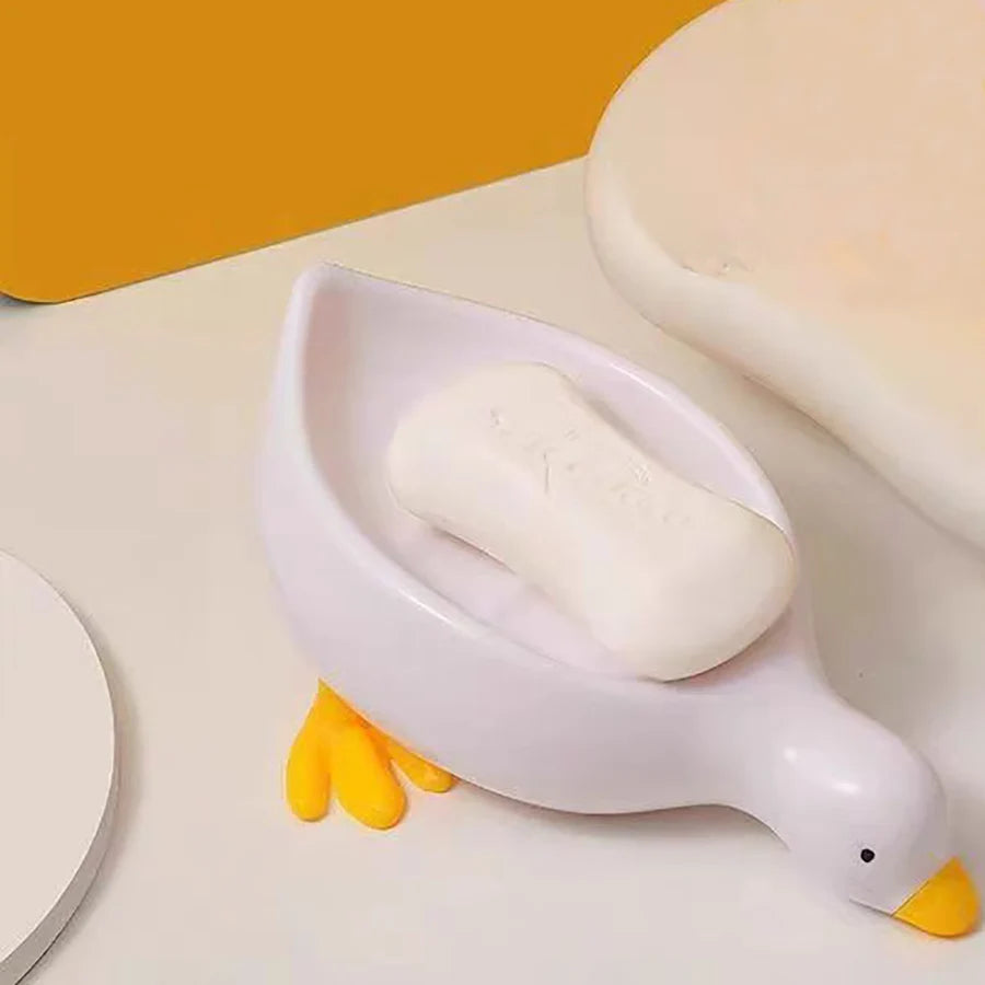 1Pc White Duck-Shaped Soap Rack, Plastic Material, Suitable for Kitchen and Bathroom Countertop Storage Box, Non-Slip Drain Soap Dish Container Bathroom Accessories
