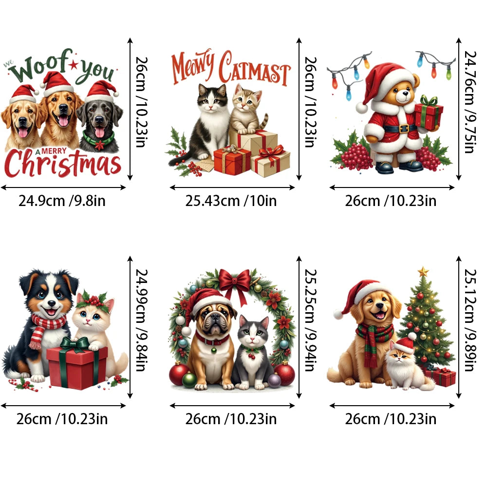 6-Piece Set Christmas Cute Pet Dog & Cat Holiday-Themed Heat-Transfer Vinyl Pattern Decals, Suitable for T-Shirts, Jeans, Jacket