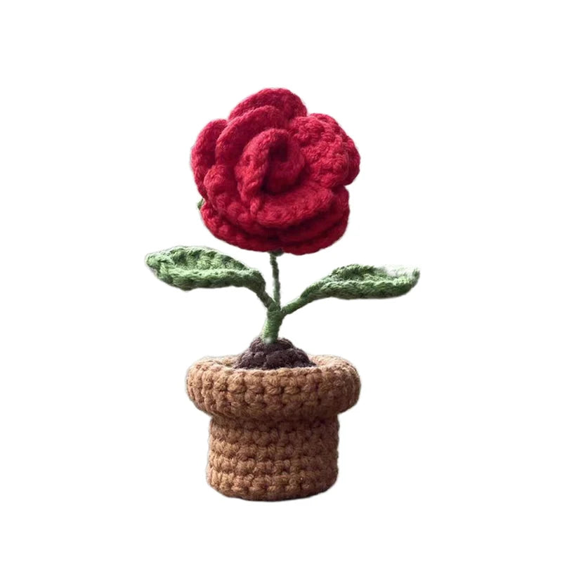 DIY Handwoven Mini Potted Flower Rose Office Desktop Ornamental Potted Plants Woolen Thread Finished Product Home Decoration