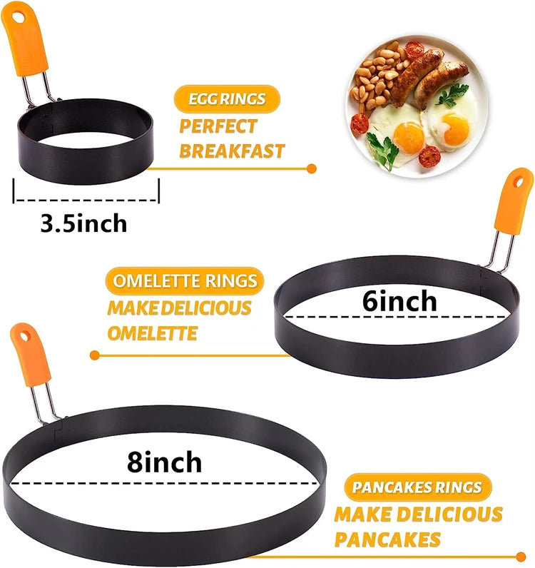 LMETJMA Egg Rings Pancake Mold Set Set Stainless Steel Fried Egg Ring Griddle Pancake Shapers with Silicone Handle JT195