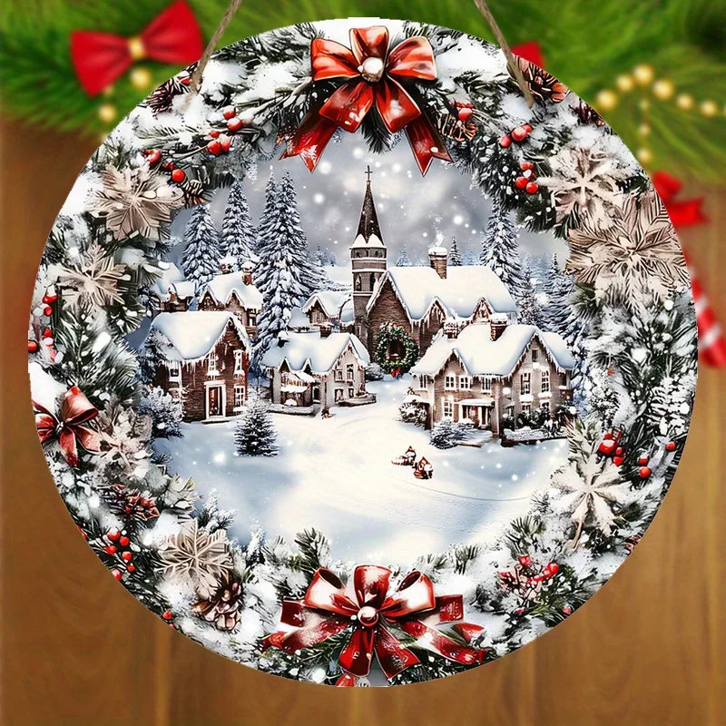 2D Flat, Winter Christmas Wooden Sign Relief Effect of Ice and Snow Town Christmas Wreath Sign for Front Door Wall Hanging Decor