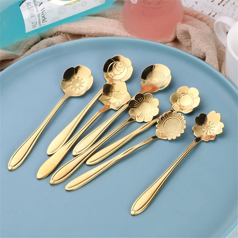 8pcs Stainless Steel Cherry Rose Flower Gold Scoop Coffee Spoon Gifts Kitchen Dessert Tea Accessories Tableware Decoration Set