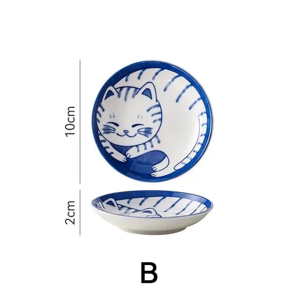 1/4pcs Ceramic Dessert Sauce Dish Tableware Japanese Style Creative Cartoon Lucky Cat Pattern Shape Fruit Sushi Plates