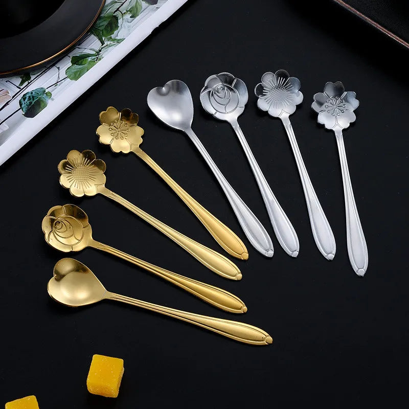 8pcs Stainless Steel Cherry Rose Flower Gold Scoop Coffee Spoon Gifts Kitchen Dessert Tea Accessories Tableware Decoration Set