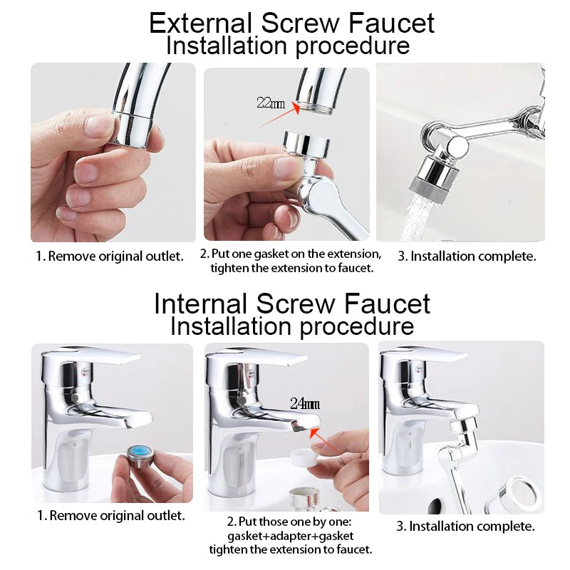 1080° Rotatable Extension Faucet Sprayer Head 2 Spray Modes Universal Bathroom Tap Extend Adapter Aerator