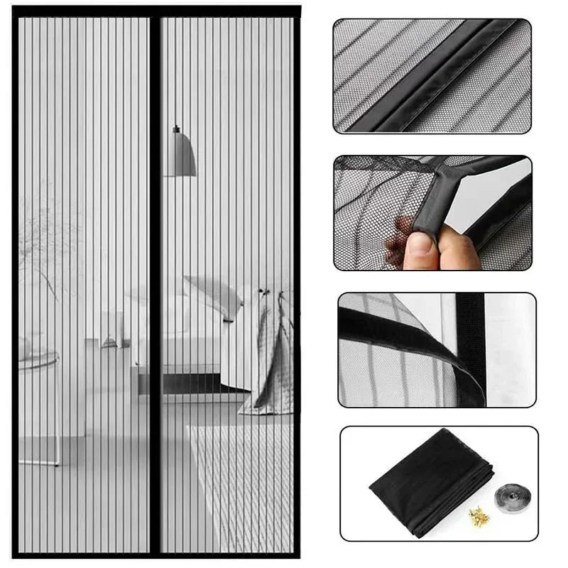 Heavy Duty Magnetic Screen Door Mesh Curtain Mosquito Net Bug Hands Free Partition Mute Striped Door Curtain Bedroom Ventilation