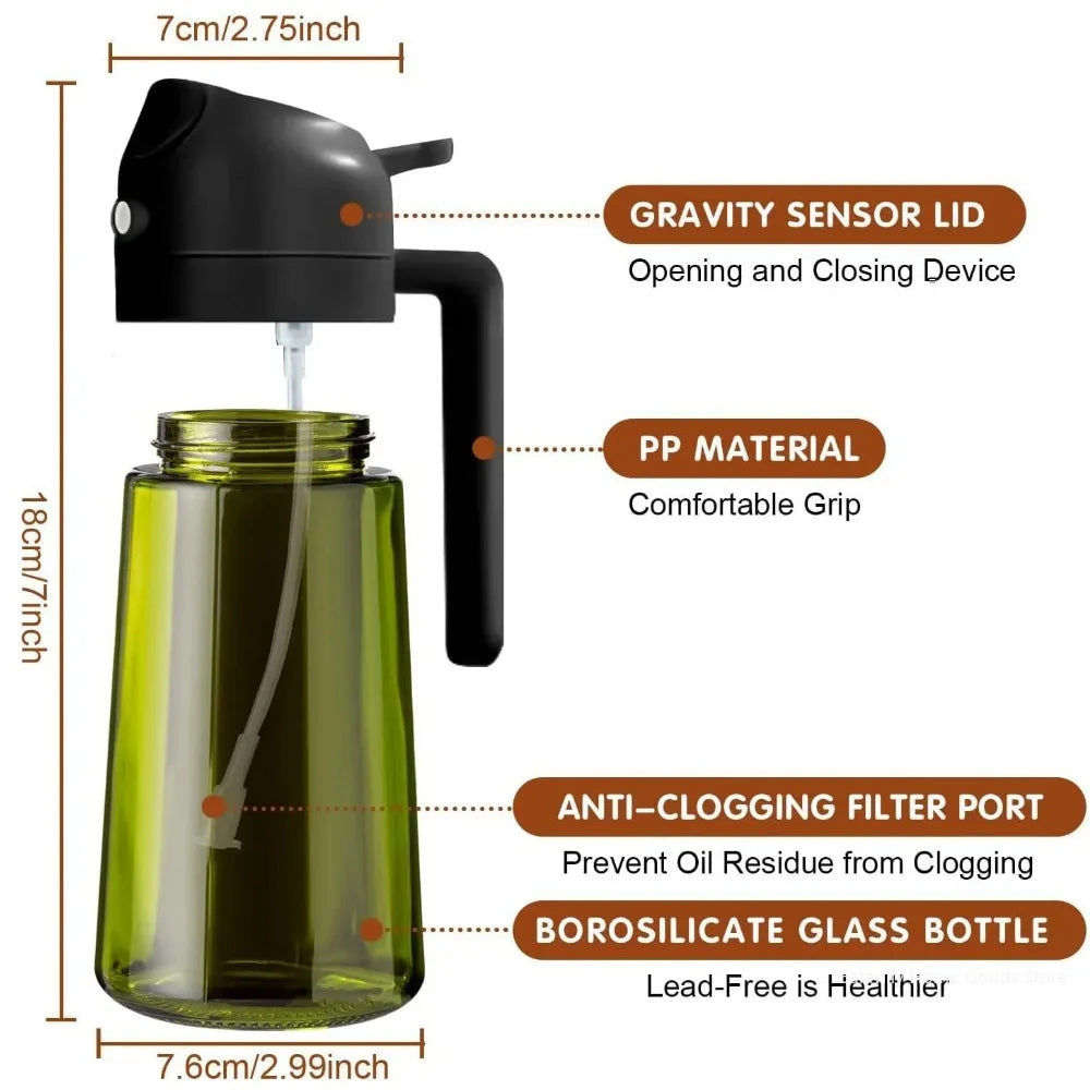 16oz/470ML Light-Blocking Dark Oil Sprayer for Cooking 2 in 1 Olive Oil Dispenser Bottle for Kitchen Dark Green Glass Oil Bottle