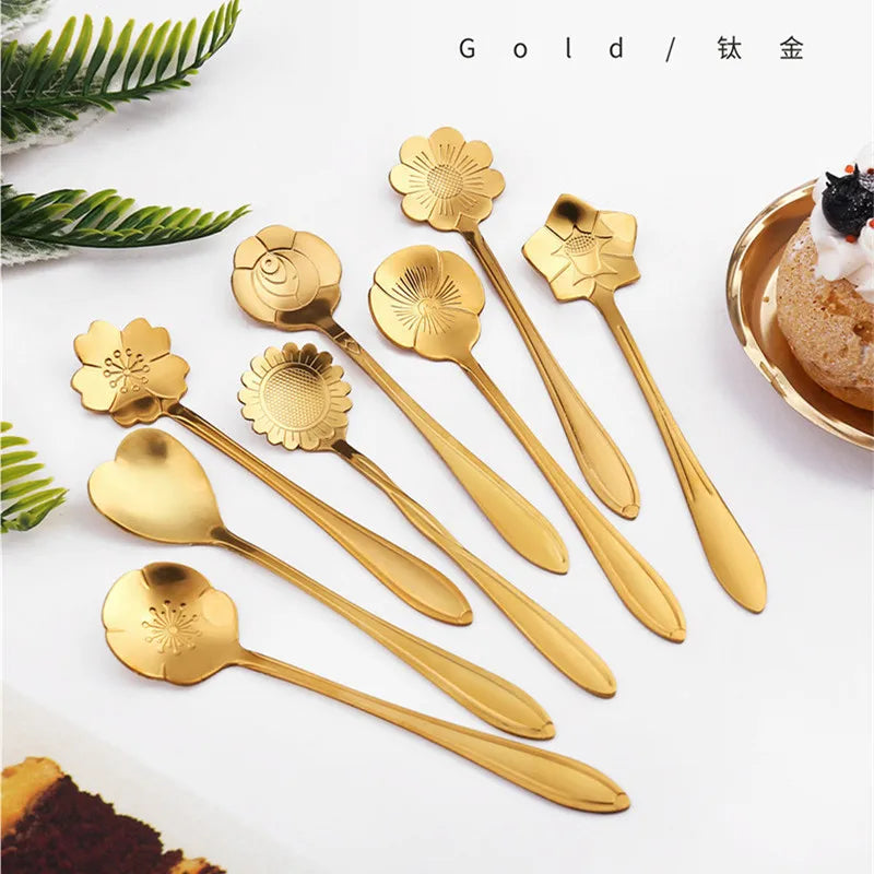8pcs Stainless Steel Cherry Rose Flower Gold Scoop Coffee Spoon Gifts Kitchen Dessert Tea Accessories Tableware Decoration Set